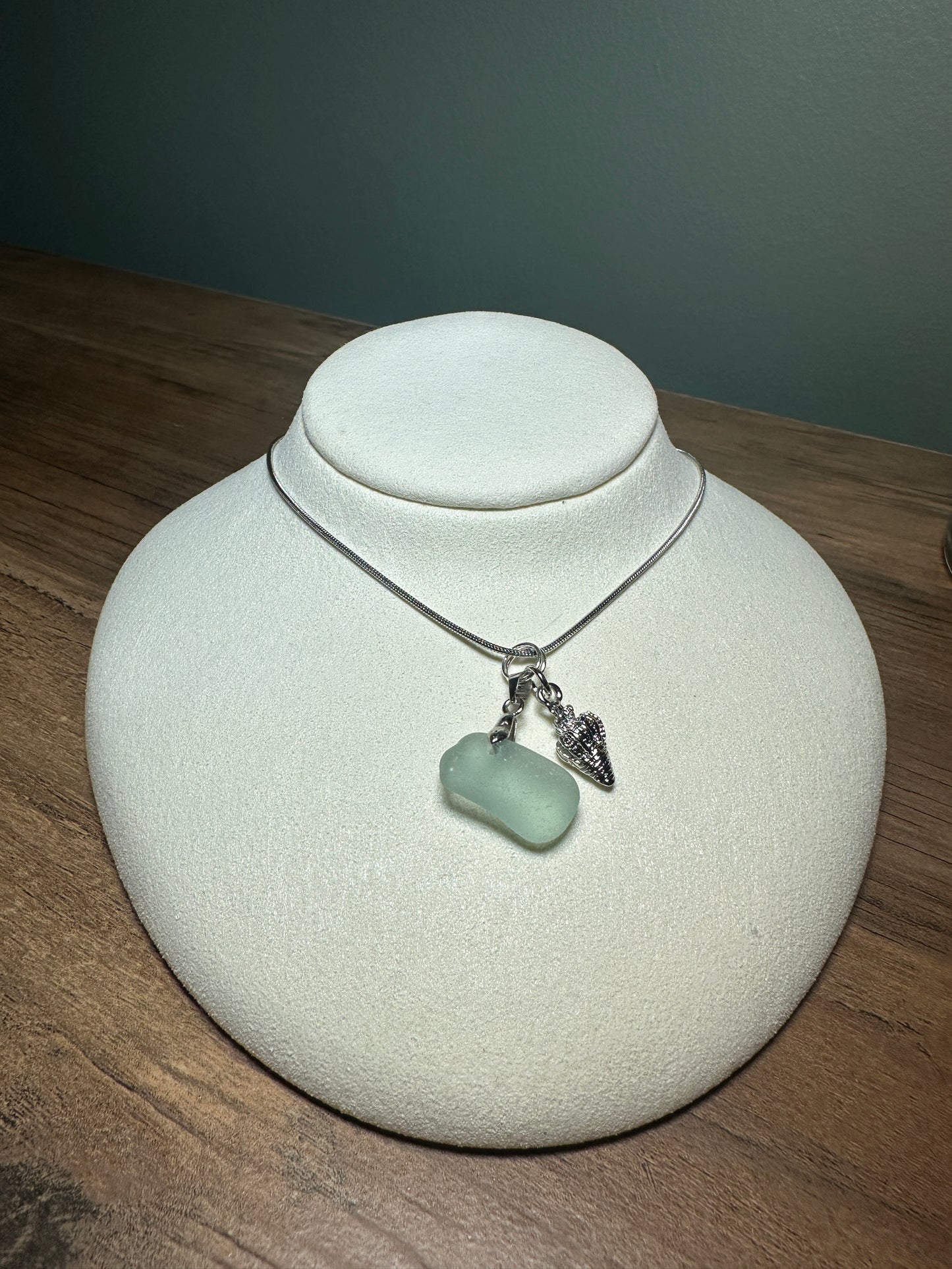 Handmade Northumberland Sea Glass Necklace with Shell Charm